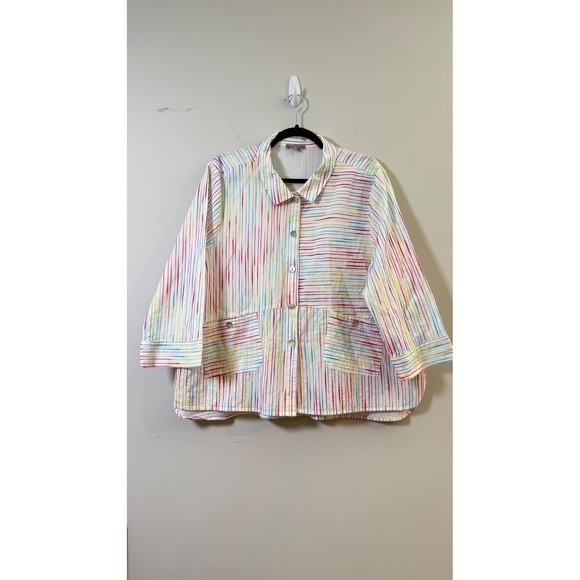 Habitat Tops - Habitat‎ Button Up Shirt White Multi Rainbow Stripe Cotton Women XXL 45518